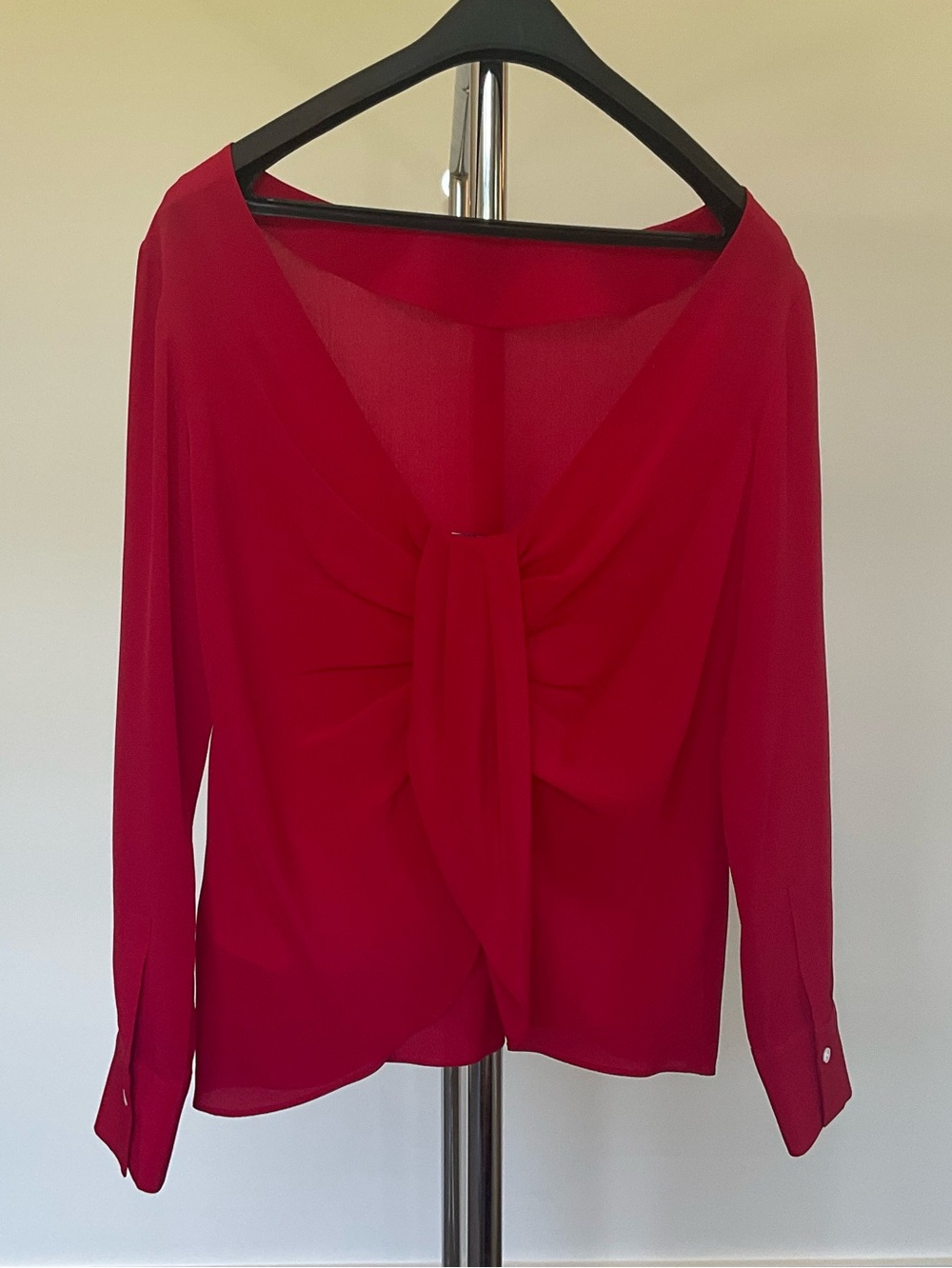 Club Monaco Red Silk Long Sleeve Blouse with open back draping